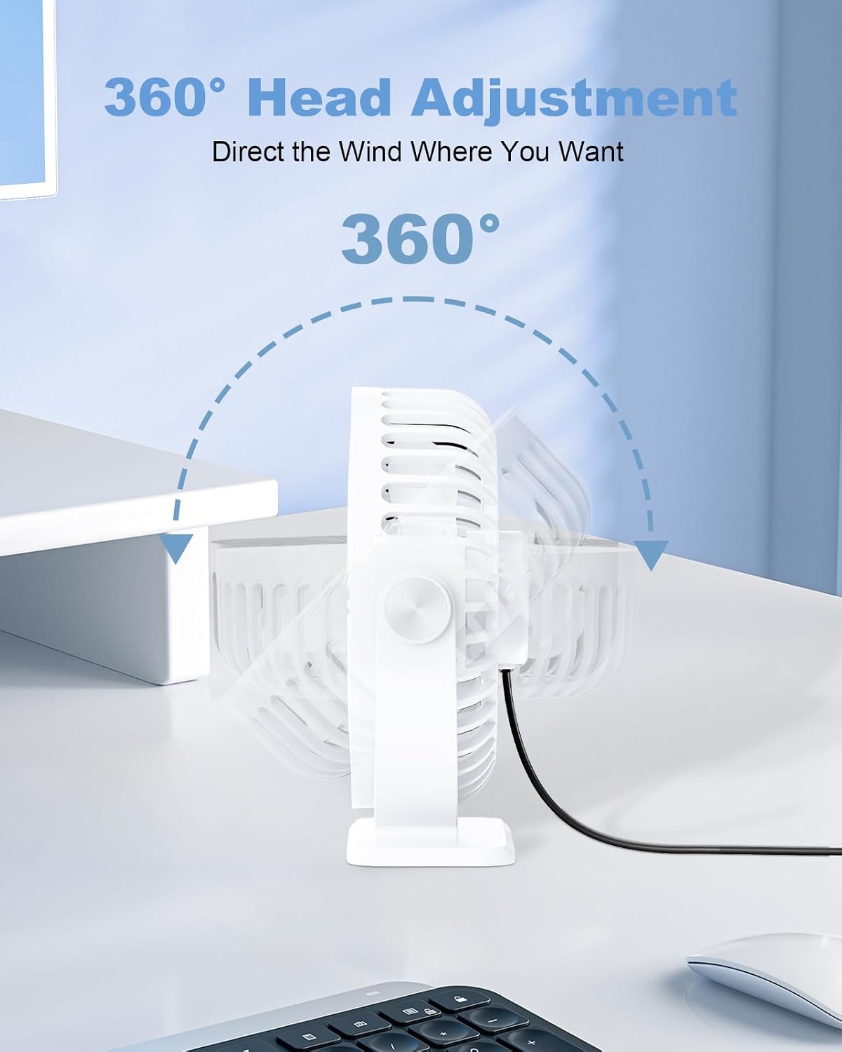 TriPole Desk Fan USB Powered Small Portable Fan, 3 Speeds Adjustable Strong Breeze Mini Personal Fans, 360° Rotation Quiet Plug In USB Fans for Desktop Bedroom Office Table Travel, Black, 4.9ft Cable