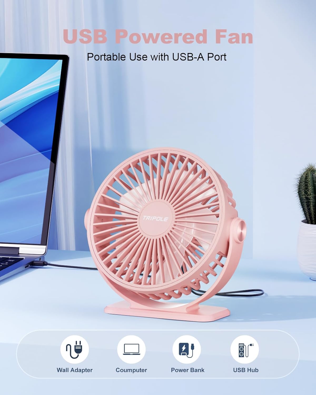 TriPole Desk Fan USB Powered Small Portable Fan, 3 Speeds Adjustable Strong Breeze Mini Personal Fans, 360° Rotation Quiet Plug In USB Fans for Desktop Bedroom Office Table Travel, Black, 4.9ft Cable