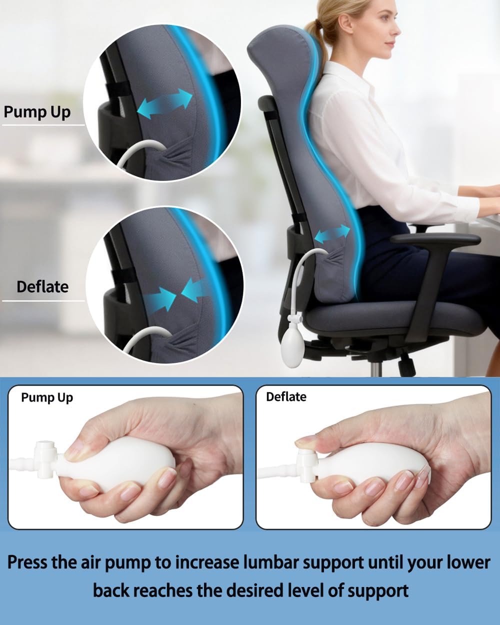 27.7'' Adjustable Airbag Full Back Lumbar Support Pillow, Back Pain Relief | High Memory Foam Lumbar Cushion for Office Chair Upper Lower Back Pain Relief, Improves Posture for Desk, Gaming Chair, Couch