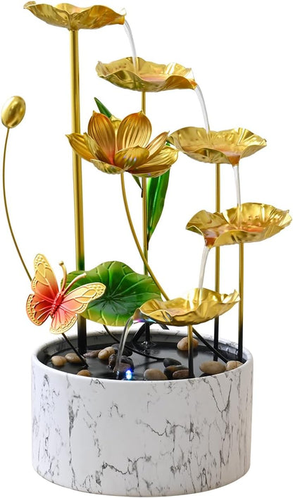 11‘’ H Gold Tabletop Water Fountain, Zen Desktop Waterfall, Indoor Lotus Desktop Decorative Fountain, Home Bathroom Bedroom Decor.