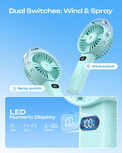 Otlonpe Handheld Misting Fan Portable, 4000mAh Rechargeable Battery Powered, Small Personal Mister Fan with Water Spray Cooling, 4-Speed Wind, LED Display, Hand Held Mist Fans for Travel Outdoor Beach