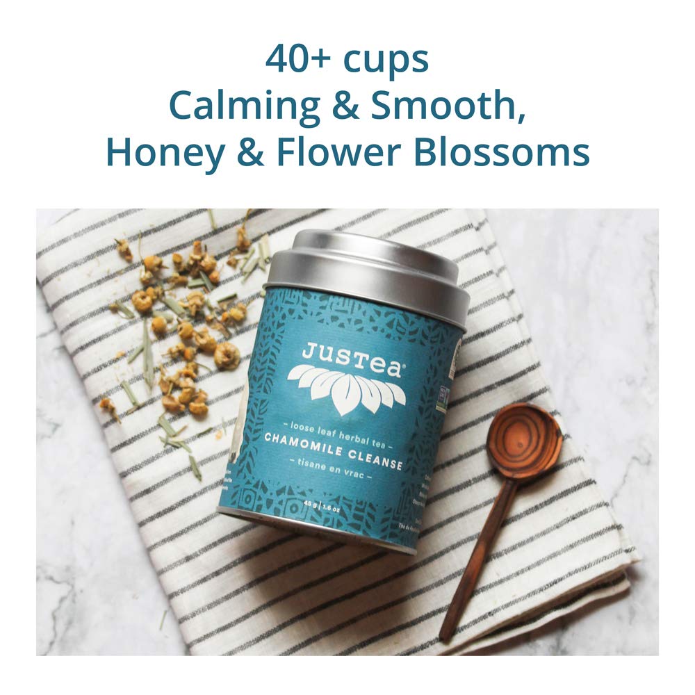 JusTea CHAMOMILE DREAM Loose Herbal Tea, 40+ Cup Tin + Spoon, Caffeine Free
