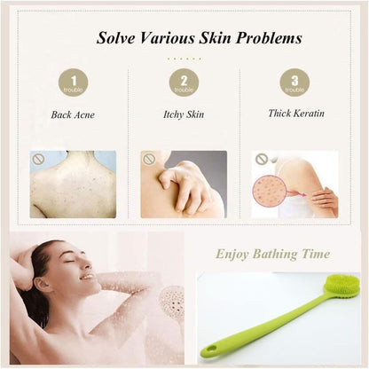 Long Handle Silicone Body Scrubber for Shower, Dual-Sided Back Scrubber Brush with Soft Bristles&Massage Nodes, Exfoliating Bath Brush for Hard to Reach Areas, Easy to Clean & Quick Dry, for Daily Use