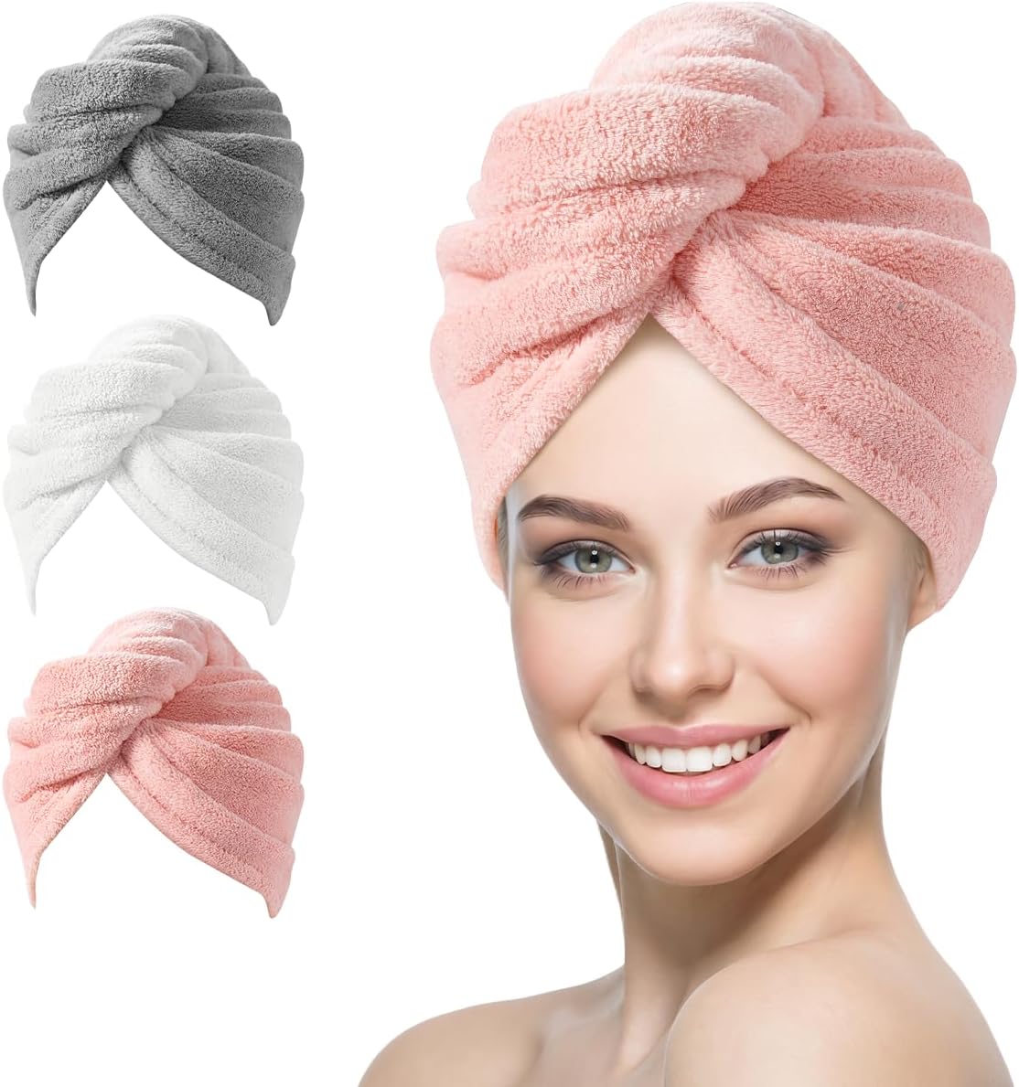 YFONG 3 Pack Microfiber Hair Towel Wrap for Women Girls, Super Absorbent Turban Towels for Drying Wet Hair, Anti Frizz Head Towels for Curly All Hair Style, Turbie Twist (Blue, Pink, White)