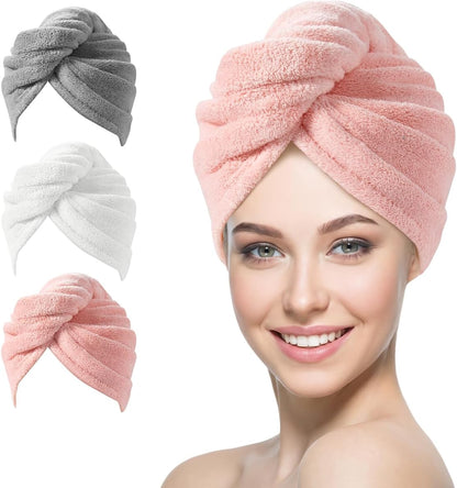 YFONG 3 Pack Microfiber Hair Towel Wrap for Women Girls, Super Absorbent Turban Towels for Drying Wet Hair, Anti Frizz Head Towels for Curly All Hair Style, Turbie Twist (Blue, Pink, White)