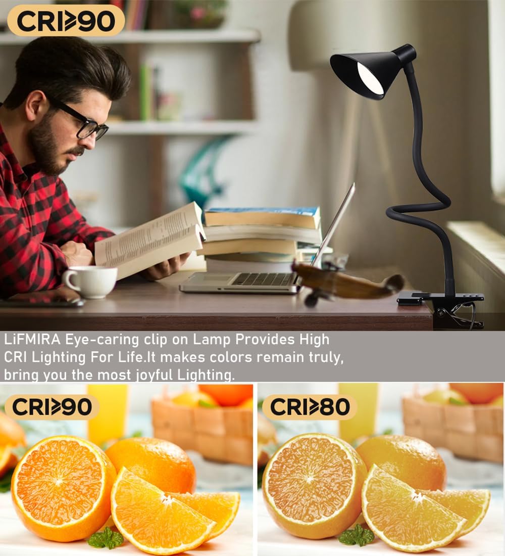 LiFMIRA Clip on Light USB Reading Light Desk Lamp 3 Color Modes Black