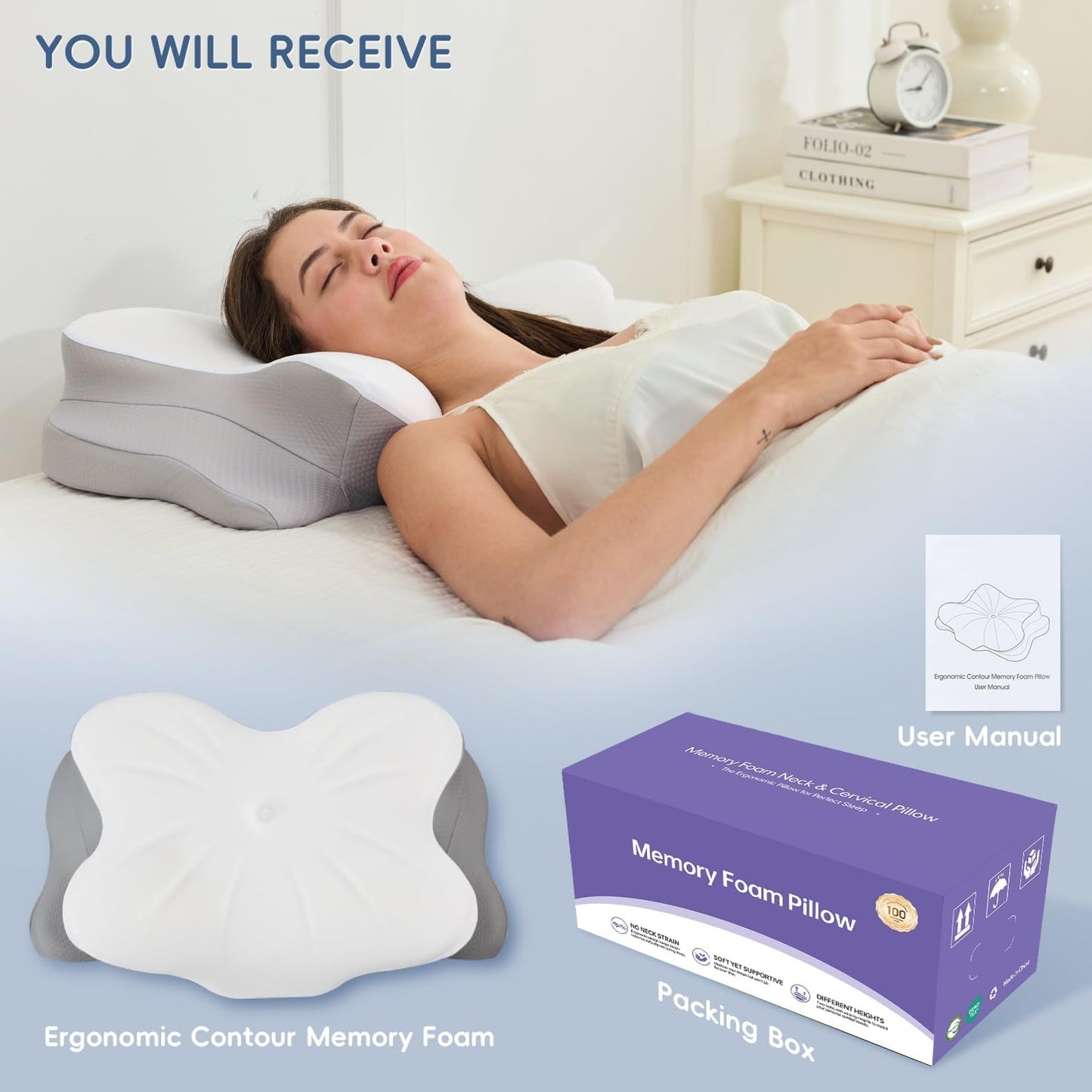 Cervical Neck Pillow, Ergonomic Memory Foam Pillow for Neck Pain Relief with Dual-Height Design, Breathable Cover, Neck Support for Side Back & Stomach Sleepers, Odorless White 1 pcs