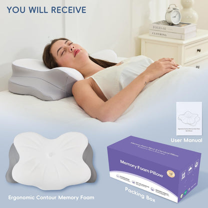 Cervical Neck Pillow, Ergonomic Memory Foam Pillow for Neck Pain Relief with Dual-Height Design, Breathable Cover, Neck Support for Side Back & Stomach Sleepers, Odorless White 1 pcs