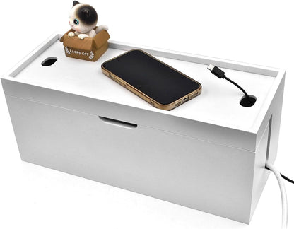 15 Inch Bamboo Large Cable Management Box, Black Cord Organizer