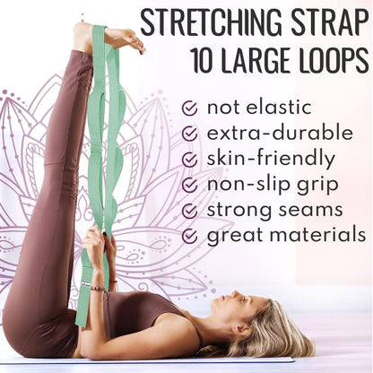 TECEUM Stretching Strap with 10 Loops for Physical Therapy & Rehab | Non-Elastic Yoga Stretch Band for Hamstring, Leg, Hip & Knee Rehab, Pilates, Flexibility & Mobility Exercises for Men & Women