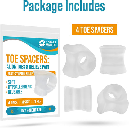 5 STARS UNITED Big Toe Spacers for Men & Women – 4 Gel Separators for Overlapping & Curled Toes, Bunions, Alignment - Diabetic Foot Care, Silicone Spreader, Corrector & Straightener, Clear