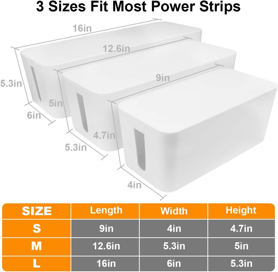 DUNCHATY Cable Management Box 3 Pack - Cord Hider & Power Strip Cover for Desk TV Computer - Child Pet Safe ABS Wire Organizer Box with 10 Cable Ties & Clips, White