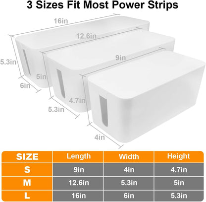 DUNCHATY Cable Management Box 3 Pack - Cord Hider & Power Strip Cover for Desk TV Computer - Child Pet Safe ABS Wire Organizer Box with 10 Cable Ties & Clips, White