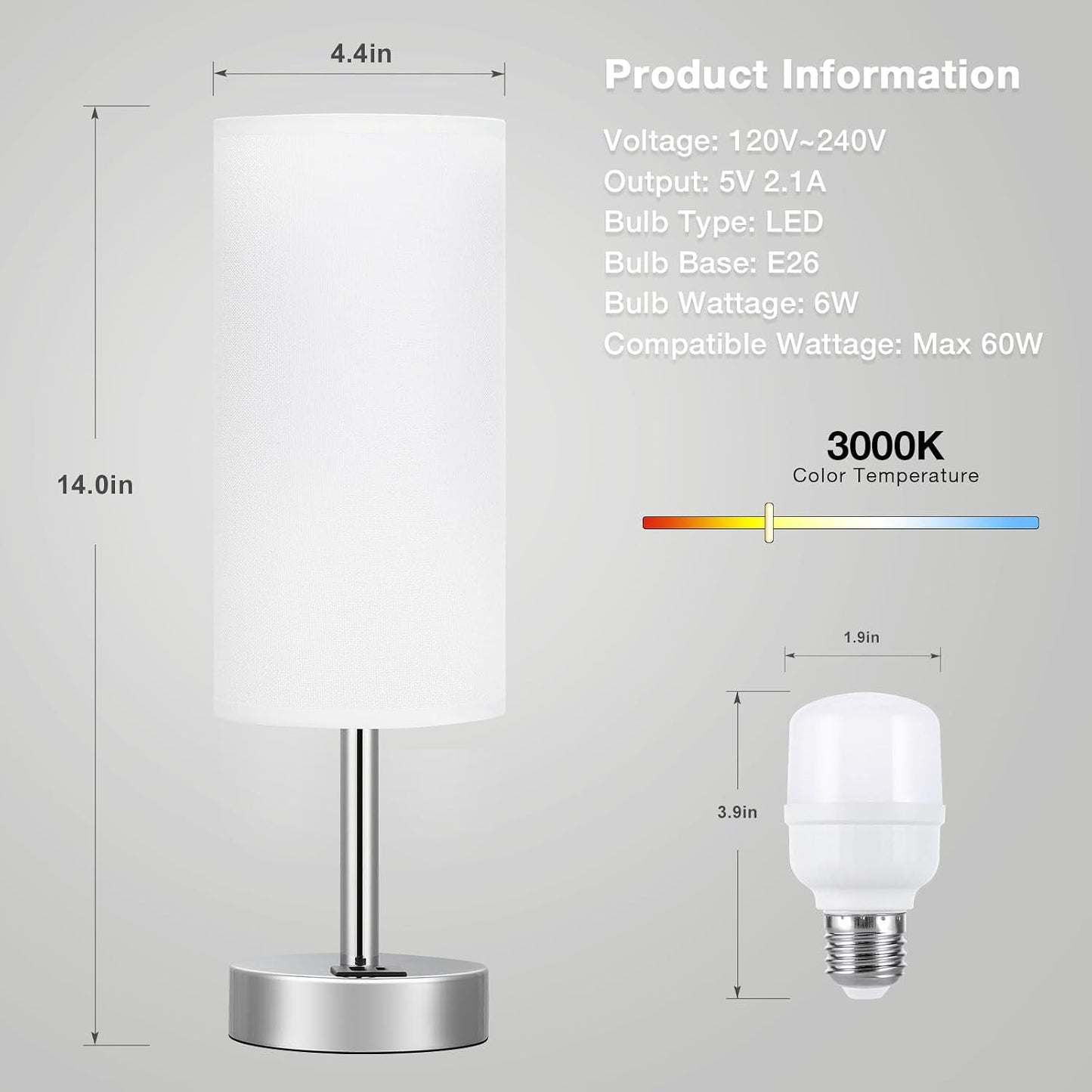 Dicoool Touch Table Lamp for Bedroom, 3 Way Dimmable Bedside Lamp with USB C & A Charging Ports - Small Desk Lamp for Dorm Room, College, Kids, Office, Living Room, White