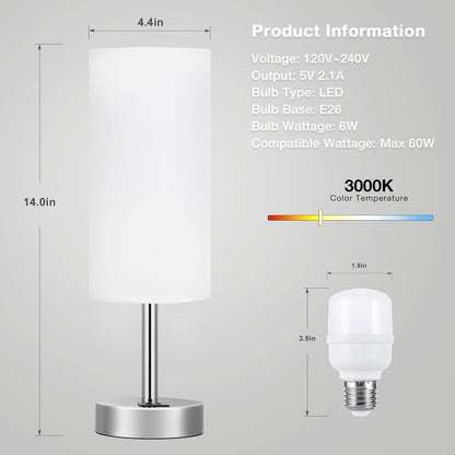 Dicoool Touch Table Lamp for Bedroom, 3 Way Dimmable Bedside Lamp with USB C & A Charging Ports - Small Desk Lamp for Dorm Room, College, Kids, Office, Living Room, White