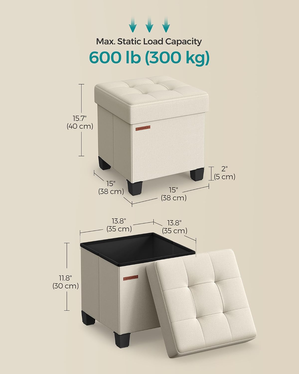 SONGMICS Storage Ottoman, Small Ottoman Foot Rest with Legs, 12.6 x 15.7 x 13.2 Inches Foot Stool, Load up to 660 lb, for Living Room, Bedroom, Dorm, Slate Gray ULSF012G01