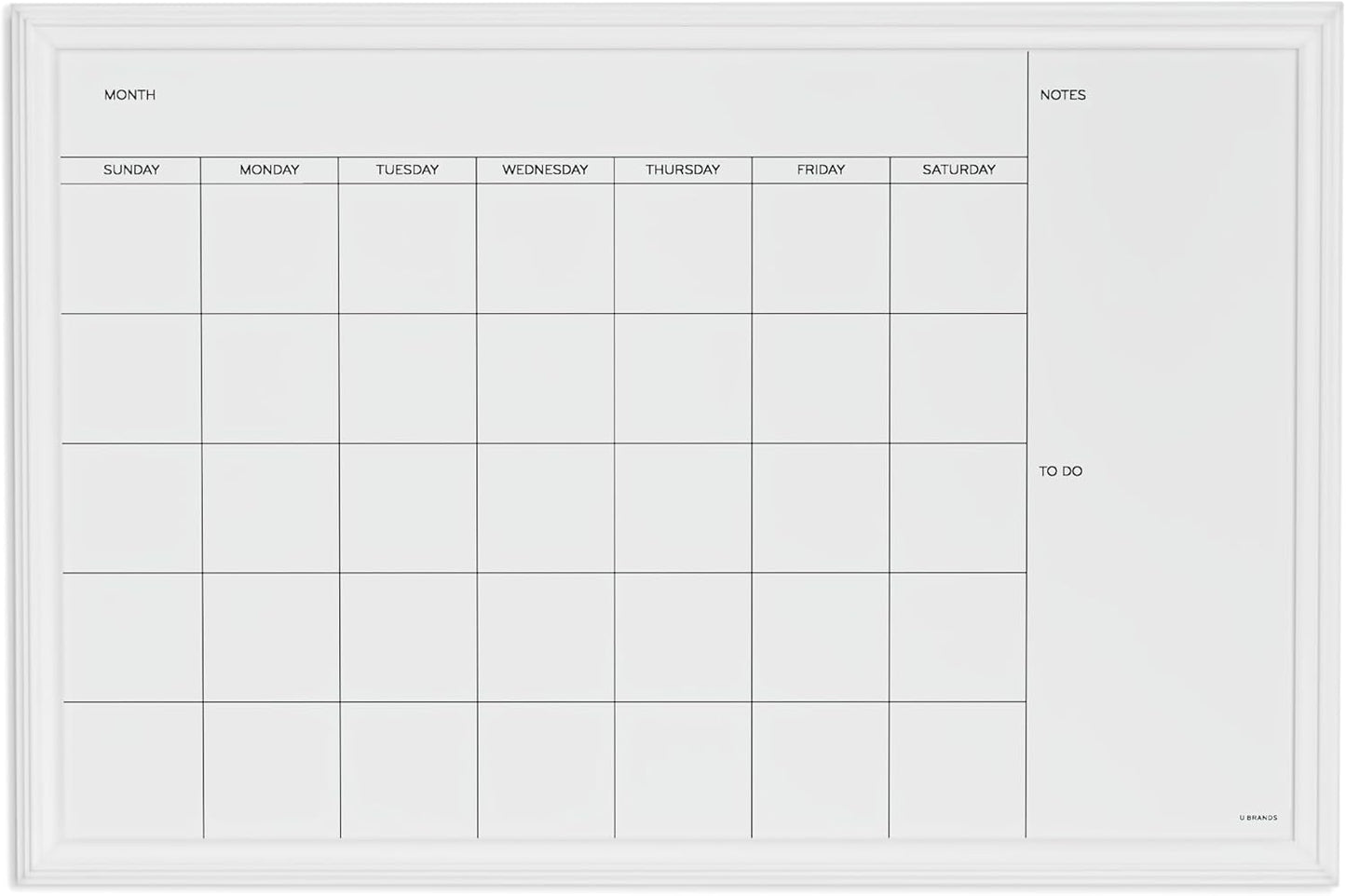 U Brands Magnetic Dry Erase Calendar White Board, 30" x 20", White Wood Style Frame, Includes Magnets