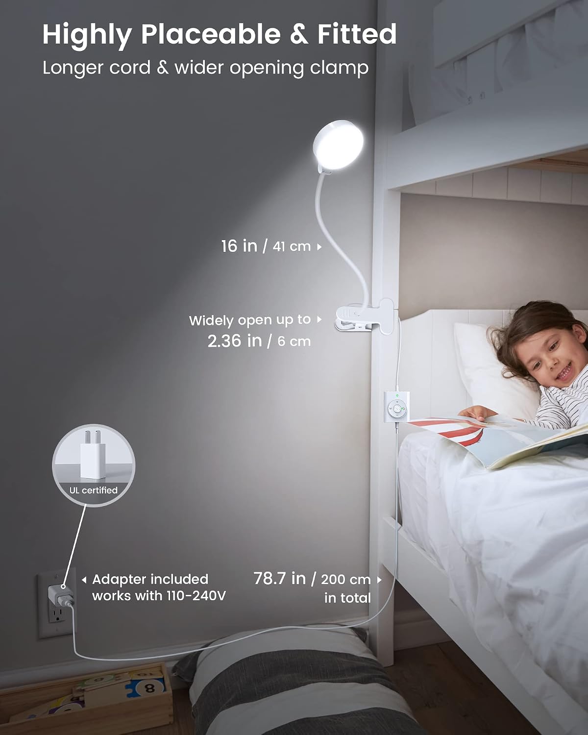 Glocusent 5W Clip on Light, 36 LED Eye Caring Reading Light for Bed, 3 Colors & 5 Brightness Clip on Lamp with Adapter, Perfect Desk Lamp with Clamp/Bunk Bed/Headboard/Table