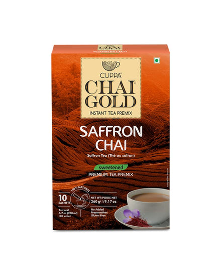 Cuppa Chai Gold Cardamom Chai Instant Tea Premix Sweetened, Rich Cardamom Flavor Tea Beverage Mix, Smooth Creamy Taste, Just Add Hot Water, Convenient Single-Serve Sachets for Home, Office & Travel, 10 Count