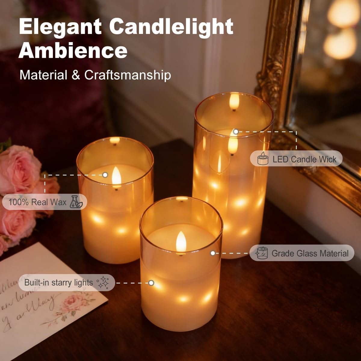 LEDHOLYT Rechargeable Flameless Glass Pillar Candles–Gifts for Women,–Set of 3, Realistic Flickering LED Flame,Remote & Timer, Ideal for Living Room, Bedroom & Halloween Festival Home Party Decor