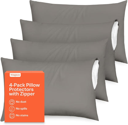 Ultra Soft Pillow Protectors with Zipper Standard Size - Set of 8 Breathable Pillow Covers - 100% Protection Against Stains, Dust & Dirt - Machine Washable (White)