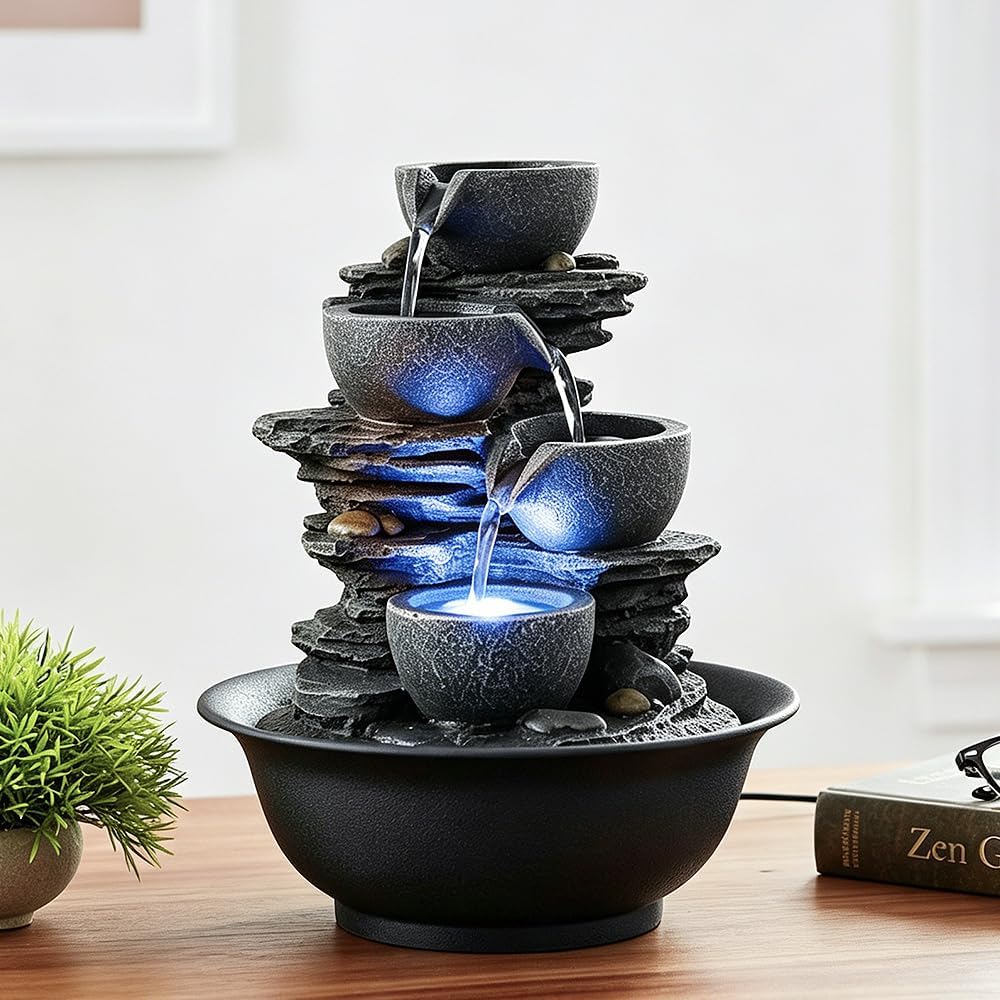 15.7” High Rock Falls Tabletop Water Fountain with LED Lights - Indoor 5-Tier Cascading Fountain for Home and Office Decor (Gray_3, 15.7" high)
