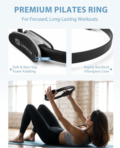 LIONSCOOL Pilates Ring Set – 14" Anti-Deformation Magic Circle with Padded Handles, Mini Ball, Resistance Bands, Guide & Bag