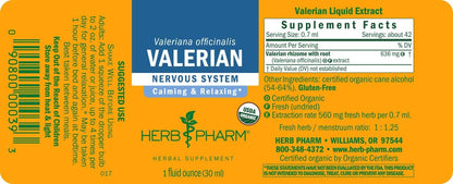 Herb Pharm Valerian Liquid Extract: USDA Organic Calming Valerian for Sleep & Relaxation, Fast-Absorbing Liquid Herbal Supplement with Valerian Root & Rhizome, Up to ~3 Week Suppl, 1 oz*