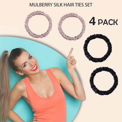 22 Momme 100% Pure Mulberry Silk Scrunchies (4 PCS) - Small Hair Elastics and Ties for Women, Sleep Hair Care, No Damage, Black