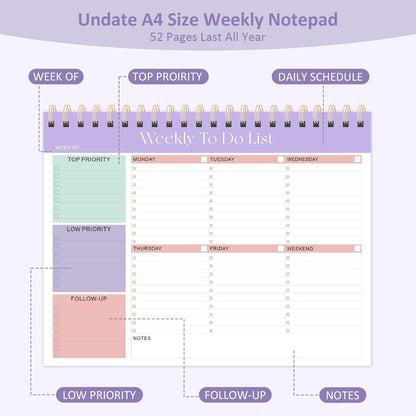 Weekly To Do List Notepad, 52 Undated Sheets (8.5"×11"), Undated Weekly Planner for Women & Men, Desk Accessories and Supplies for Office, Home, and School