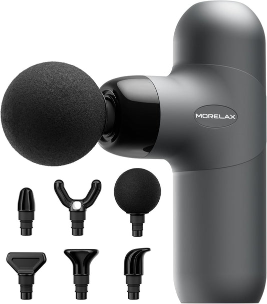 Morelax Mini Massage Gun, Percussion Muscle Massager for Back Pain Relief, Compact Sports Travel Massage Gun with 6 Massage Heads 4 Speeds, Gift for Her, Home, Athletes