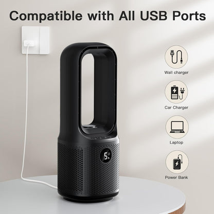 let'me Bladeless Desk Fan Small Quiet,5-Speed Bedside Table Fan with 3-Level Brightness Night Light, 72° Oscillation, 9-Hour Timer, Wired Power with Adapter,Fan for Bedroom Office Home,13x5 Incn