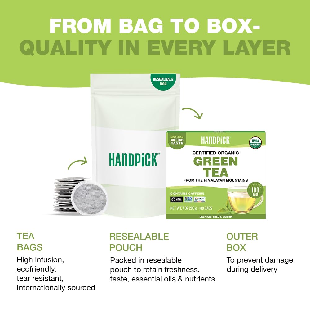 HANDPICK Organic Green Tea Bags (100 Count) USDA Organic,Fragrant Green Tea