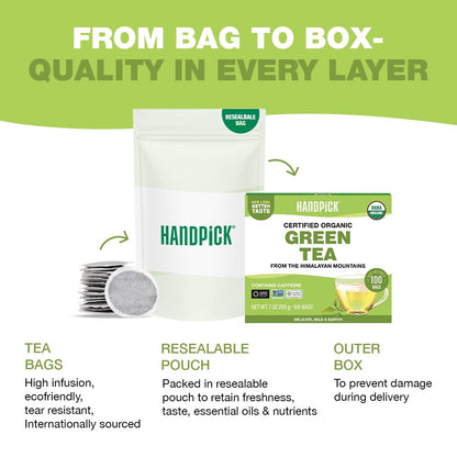 HANDPICK Organic Green Tea Bags (100 Count) USDA Organic,Fragrant Green Tea