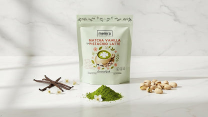 Matcha pistachio Vanilla Latte Mix – Creamy organic Green Tea Drink Powder – Hot or Iced Café Style daily Beverage 80g