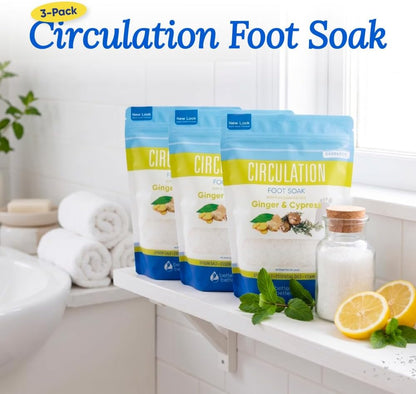 Circulation Foot Soak 32 Ounces (2 Lbs) Epsom Salt with Pure Essential Oils Ginger and Cypress Essential Oils Plus Vitamin C in BPA Free Pouch with Easy Press Lock Seal