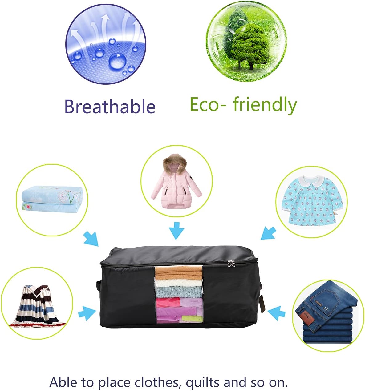 Blanket Storage Bags Pillow Bedspread Bedding Clothes Organizer Storage Containers With Zippers Breathable and Moistureproof. (Navy blue 2pcs, L)