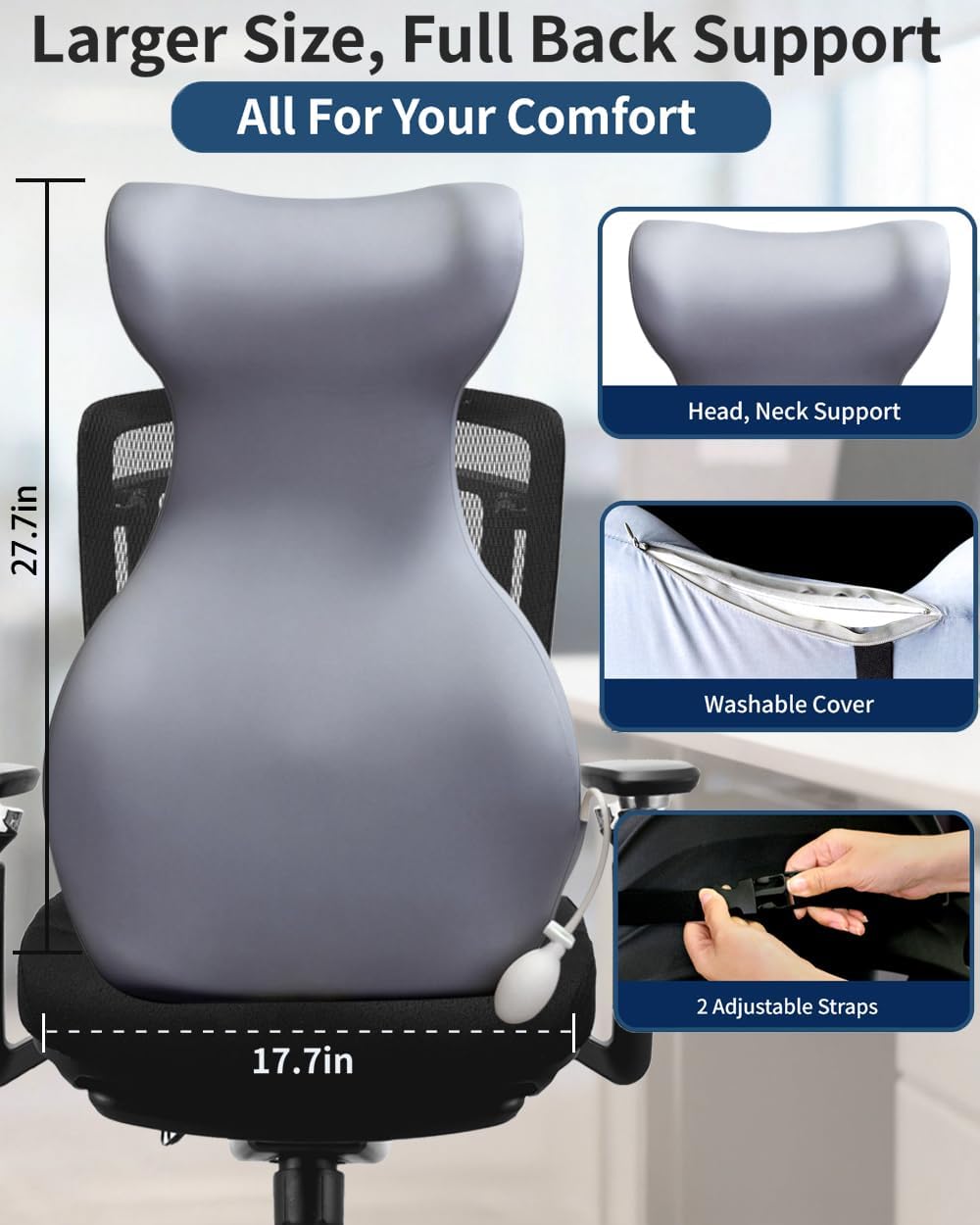 27.7'' Adjustable Airbag Full Back Lumbar Support Pillow, Back Pain Relief | High Memory Foam Lumbar Cushion for Office Chair Upper Lower Back Pain Relief, Improves Posture for Desk, Gaming Chair, Couch