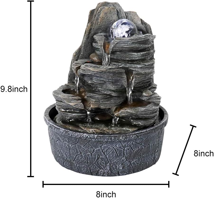 8.3” H Indoor Zen Tabletop Water Fountain, Rock Cascading Waterfall with Spinning Crystal Ball & LED Light for Home Office Decor