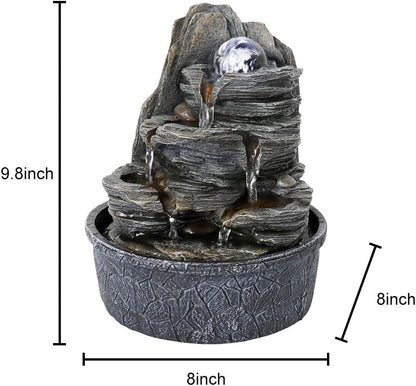 8.3” H Indoor Zen Tabletop Water Fountain, Rock Cascading Waterfall with Spinning Crystal Ball & LED Light for Home Office Decor