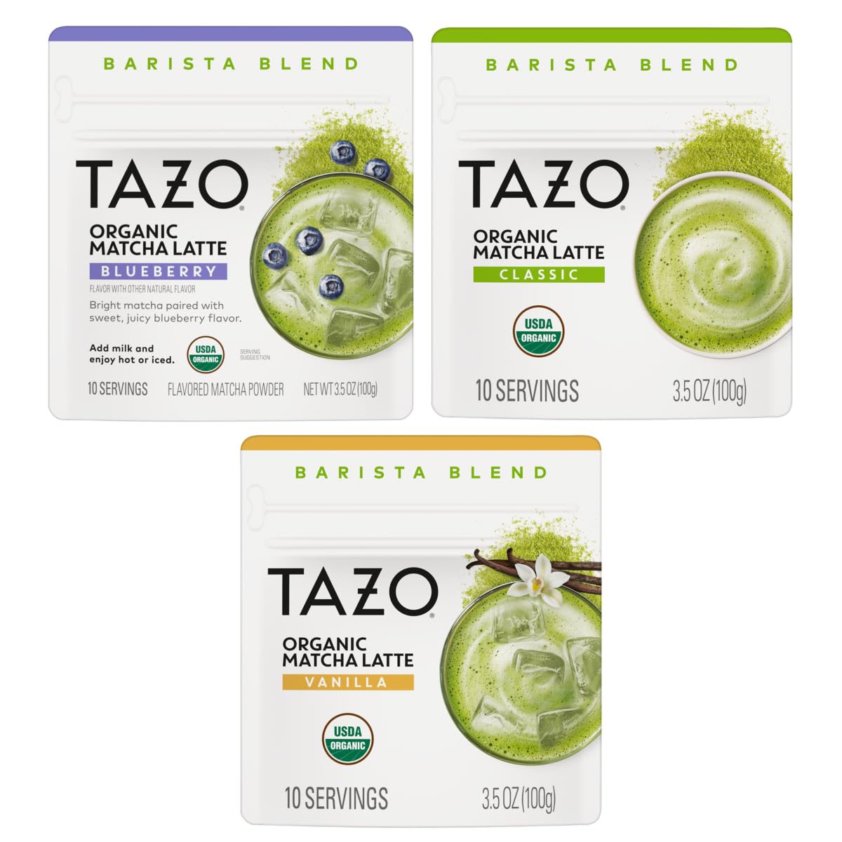 TAZO Organic Classic Matcha Latte Powder, Café Style Matcha Latte Mix, Easy Hot or Iced Matcha Latte, Sweetened with Organic Sugar and Matcha Powder, 10 Servings, 3.5 oz Pouch