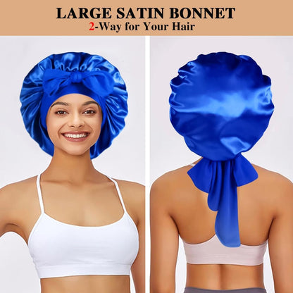 2+3 Large Satin Bonnets with Scrunchies for Women, Hair Bonnet Sleeping Tie Bonnet for Braids Curly Hair