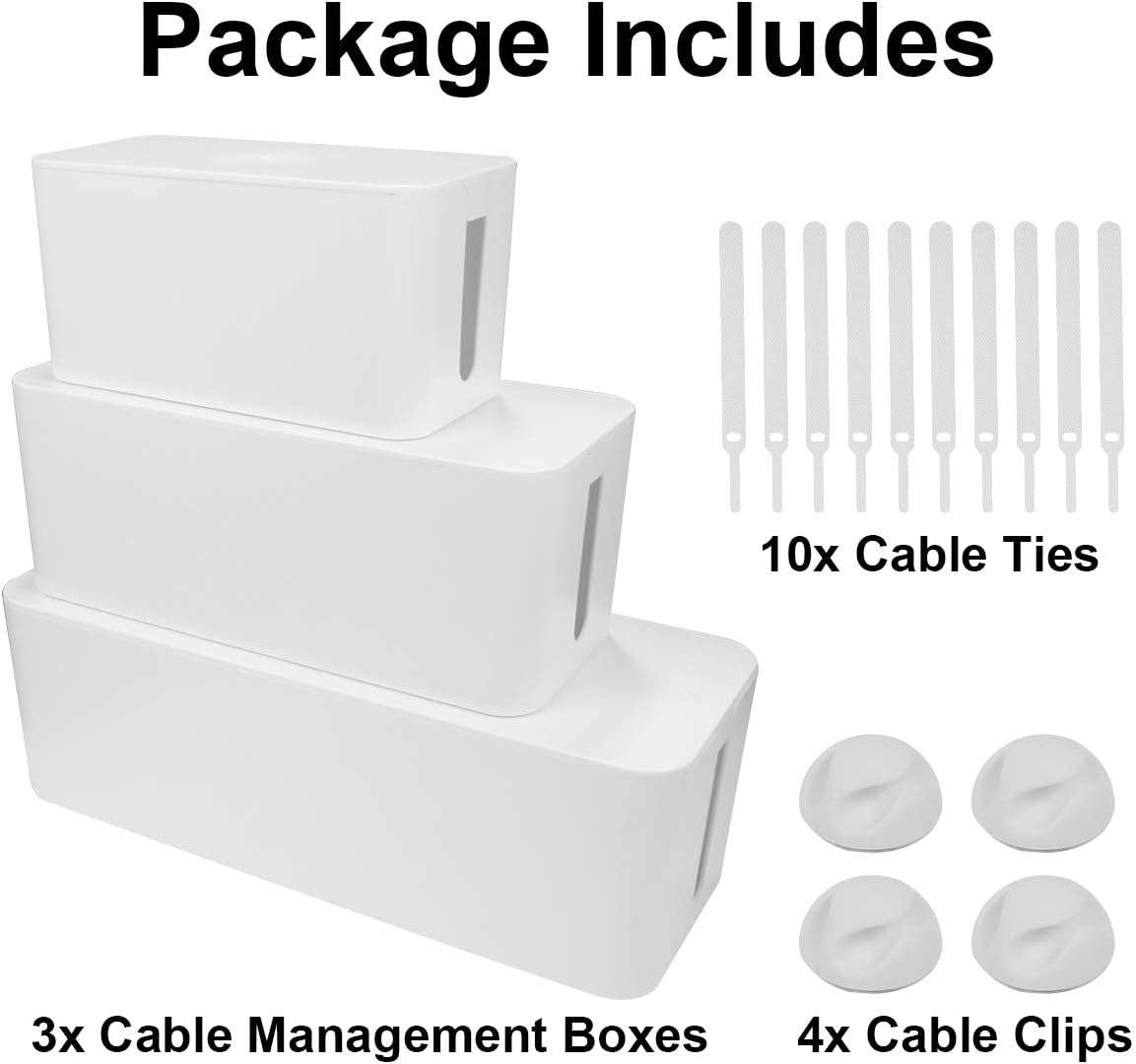 DUNCHATY Cable Management Box 3 Pack - Cord Hider & Power Strip Cover for Desk TV Computer - Child Pet Safe ABS Wire Organizer Box with 10 Cable Ties & Clips, White