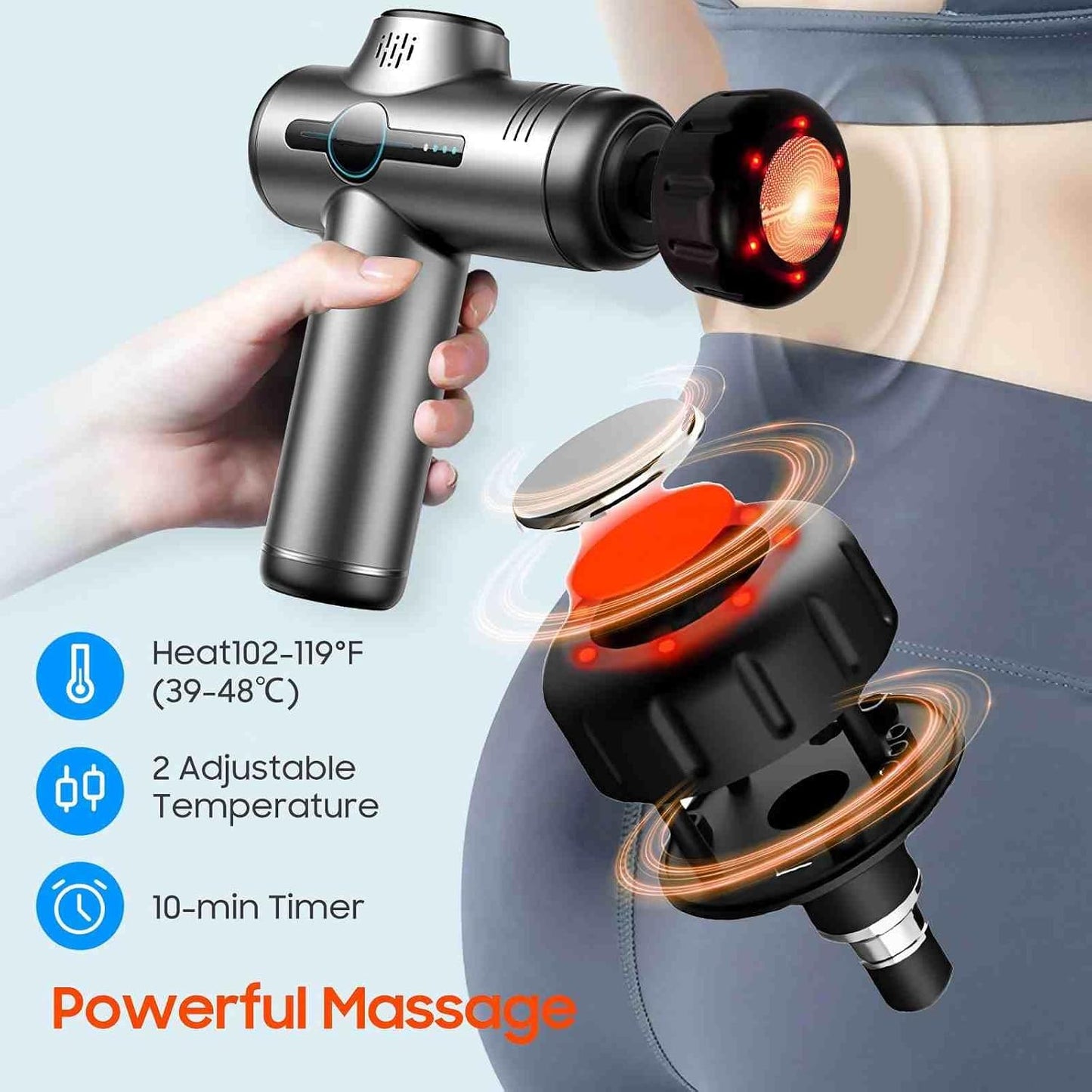 Massage Gun with Heat, Mini Handheld Massager for Home & Travel, Quiet, Lightweight & Portable,Powerful Full Body Electric Massager Tool for Men and Women, (Grey)
