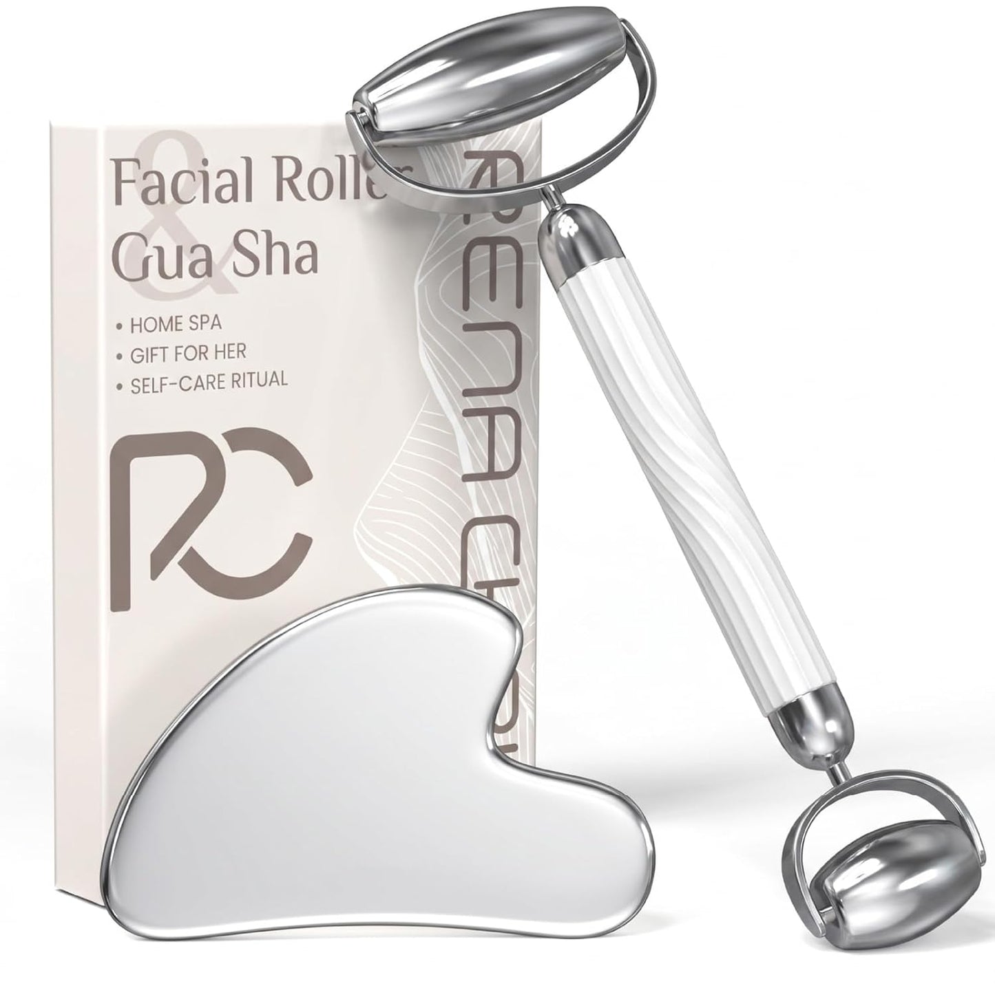 Rena Chris Gua Sha and Face Roller Set: Anti-Breakage Jade Roller for Long-Lasting Use, Jawline Sculpting and Puffiness Reducing, Gua Sha Facial Tools for Self Care Gift (Green)