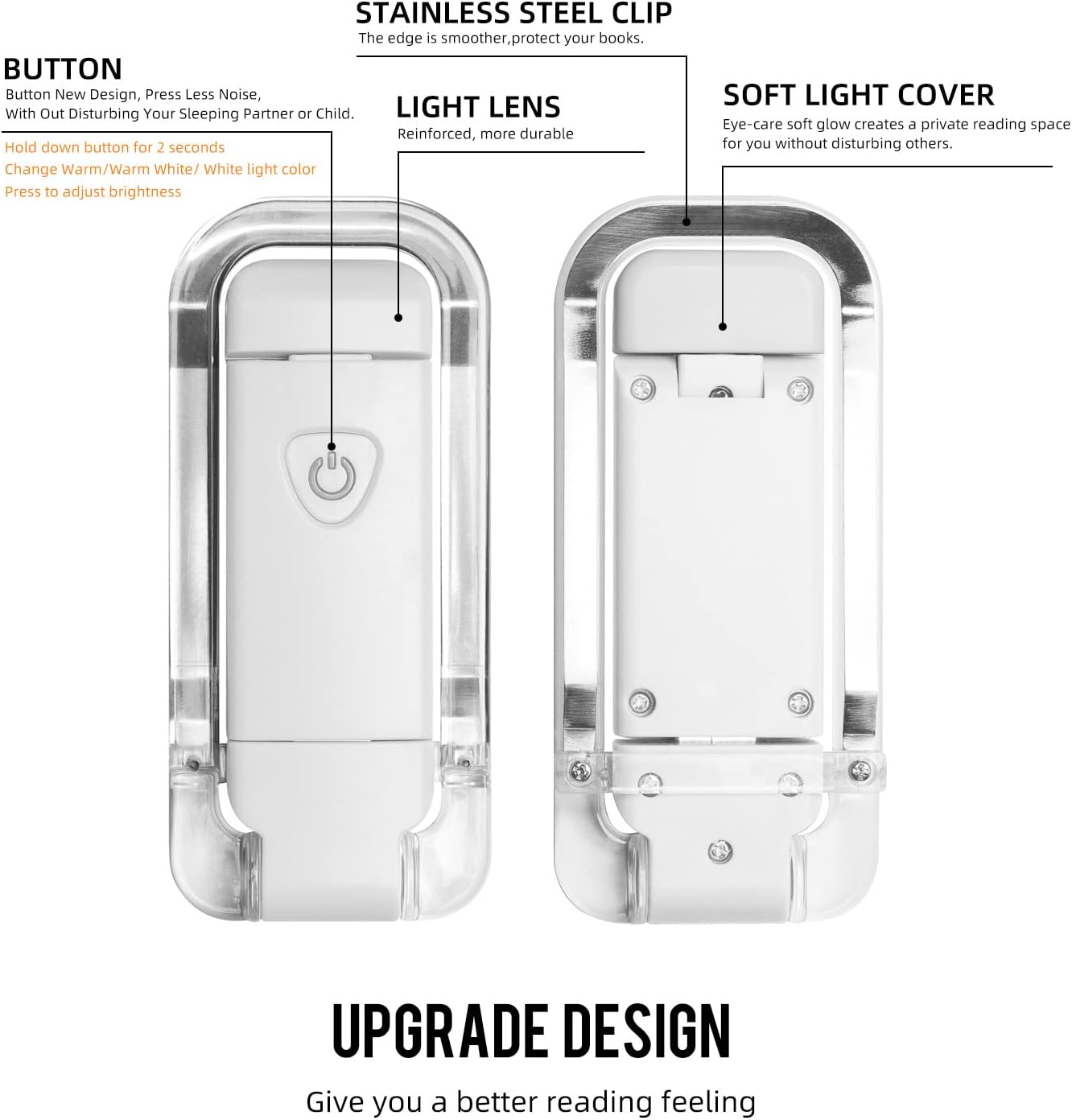 EGWASER Book Reading Light, Portable USB Rechargeable LED Clip on Book Lights for Reading in Bed, 3 Brightness Adjustable Dimmable Bookmark Light for Eye-Protection, Reading Lamp (White)