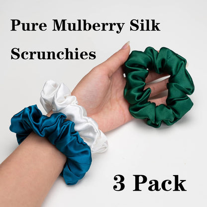 Silk Scrunchies for Hair 100% Mulberry Silk Hair Ties 3 Pack(Black, Navy Blue, Emerald)