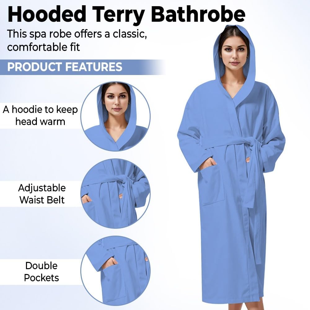 KAHAF COLLECTION Women Hooded 100% Cotton Terry Bathrobe, Soft Absorbent Quick Dry Robe for Spa, Shower & Home Wear
