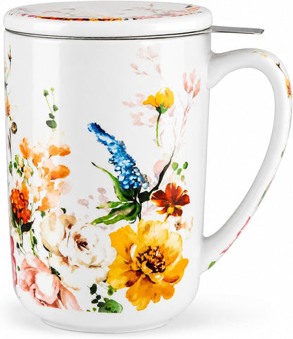 GBhome Tea Mug with Infuser and Lid, 18 Ounce Large Ceramic Loose Leaf Cup, Microwave, Dishwasher Safe, Perfect for Tea Lovers