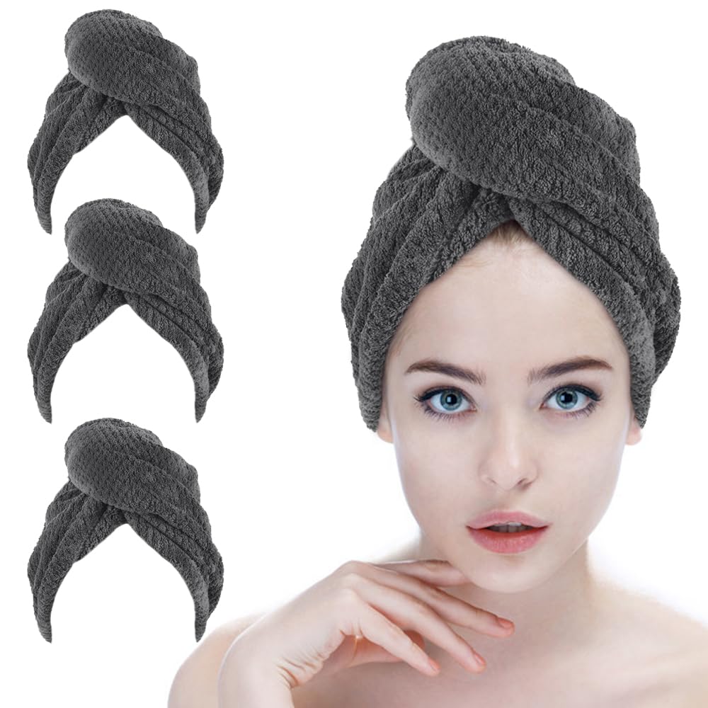 SINLAND Microfiber Hair Drying Cap Hair Towel Turban Twist for Women Fast Drying Towels Head Turban Absorbent Soft Lightweight 3 Pack Black